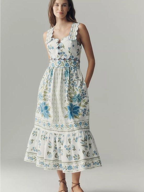 FARM Rio Dresses & Skirts - Farm Rio Sleeveless Scallop-Trim Printed Midi Dress w Floral Embroidery NWT GWP